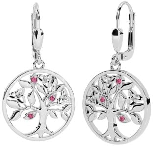 Pink Tourmaline Silver Celtic Tree of Life Trinity Knot Dangle Earrings