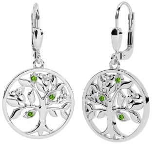 Peridot Silver Celtic Tree of Life Trinity Knot Dangle Earrings