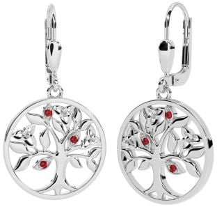 Ruby Silver Celtic Tree of Life Trinity Knot Dangle Earrings