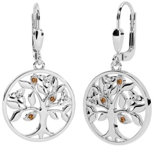 Citrine White Gold Celtic Tree of Life Trinity Knot Dangle Earrings