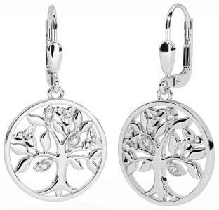 Diamond White Gold Celtic Tree of Life Trinity Knot Dangle Earrings