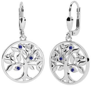 Sapphire White Gold Celtic Tree of Life Trinity Knot Dangle Earrings