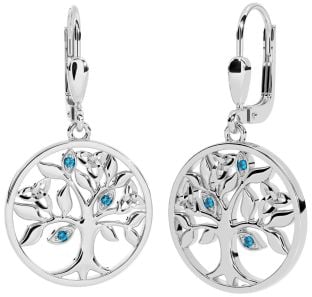 Topaz White Gold Celtic Tree of Life Trinity Knot Dangle Earrings