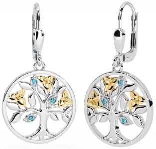 Aquamarine White Yellow Gold Celtic Tree of Life Trinity Knot Dangle Earrings