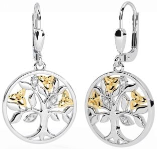 Diamond White Yellow Gold Celtic Tree of Life Trinity Knot Dangle Earrings