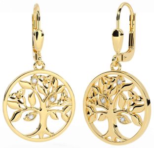 Diamond Gold Celtic Tree of Life Trinity Knot Dangle Earrings