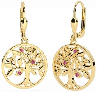 Pink Tourmaline Gold Celtic Tree of Life Trinity Knot Dangle Earrings