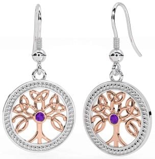 Amethyst Rose Gold Silver Celtic Tree of Life Trinity Knot Dangle Earrings