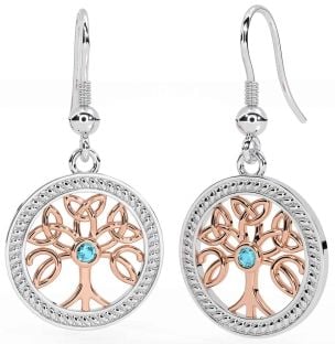 Aquamarine Rose Gold Silver Celtic Tree of Life Trinity Knot Dangle Earrings