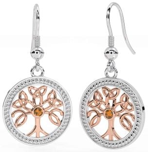 Citrine Rose Gold Silver Celtic Tree of Life Trinity Knot Dangle Earrings