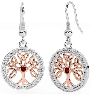 Garnet Rose Gold Silver Celtic Tree of Life Trinity Knot Dangle Earrings