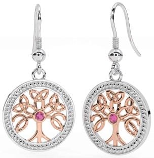 Pink Tourmaline Rose Gold Silver Celtic Tree of Life Trinity Knot Dangle Earrings