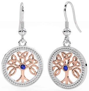 Sapphire Rose Gold Silver Celtic Tree of Life Trinity Knot Dangle Earrings