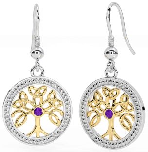 Amethyst Gold Silver Celtic Tree of Life Trinity Knot Dangle Earrings