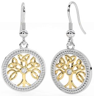 Diamond Gold Silver Celtic Tree of Life Trinity Knot Dangle Earrings