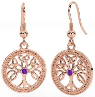 Amethyst Rose Gold Silver Celtic Tree of Life Trinity Knot Dangle Earrings