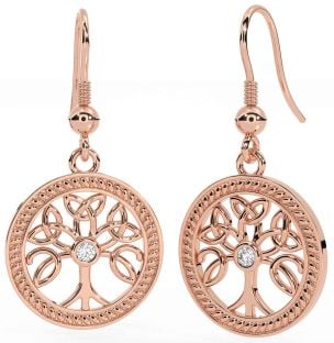 Diamond Rose Gold Silver Celtic Tree of Life Trinity Knot Dangle Earrings