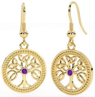 Amethyst Gold Silver Celtic Tree of Life Trinity Knot Dangle Earrings