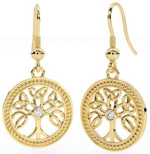 Diamond Gold Silver Celtic Tree of Life Trinity Knot Dangle Earrings