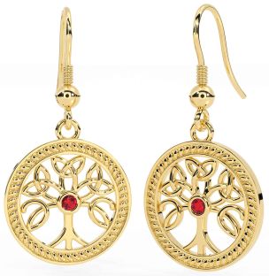 Ruby Gold Silver Celtic Tree of Life Trinity Knot Dangle Earrings