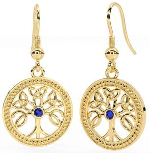 Sapphire Gold Silver Celtic Tree of Life Trinity Knot Dangle Earrings