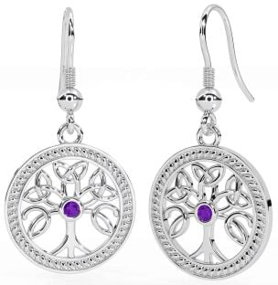 Amethyst Silver Celtic Tree of Life Trinity Knot Dangle Earrings