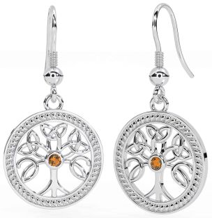 Citrine Silver Celtic Tree of Life Trinity Knot Dangle Earrings