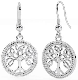 Diamond Silver Celtic Tree of Life Trinity Knot Dangle Earrings