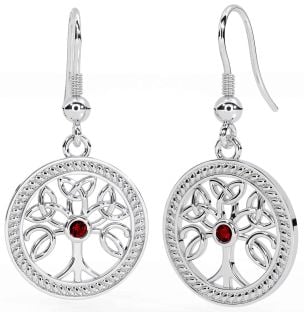 Garnet Silver Celtic Tree of Life Trinity Knot Dangle Earrings