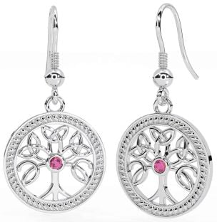 Pink Tourmaline Silver Celtic Tree of Life Trinity Knot Dangle Earrings