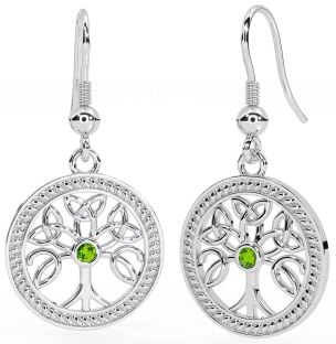 Peridot Silver Celtic Tree of Life Trinity Knot Dangle Earrings