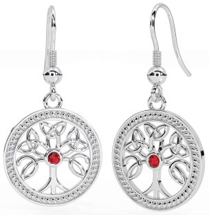 Ruby Silver Celtic Tree of Life Trinity Knot Dangle Earrings