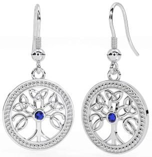 Sapphire Silver Celtic Tree of Life Trinity Knot Dangle Earrings