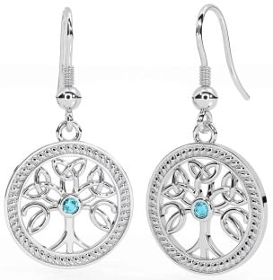 Aquamarine White Gold Celtic Tree of Life Trinity Knot Dangle Earrings