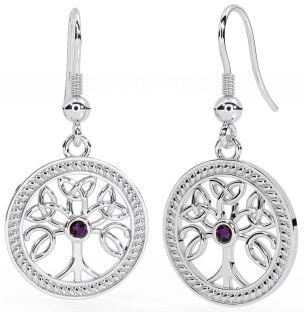 Alexandrite White Gold Celtic Tree of Life Trinity Knot Dangle Earrings