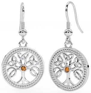 Citrine White Gold Celtic Tree of Life Trinity Knot Dangle Earrings