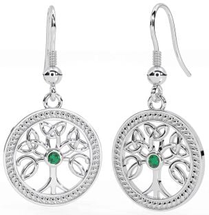 Emerald White Gold Celtic Tree of Life Trinity Knot Dangle Earrings