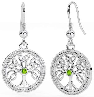 Peridot White Gold Celtic Tree of Life Trinity Knot Dangle Earrings