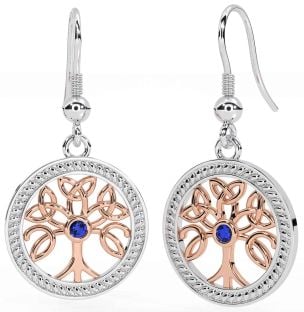 Sapphire White Rose Gold Celtic Tree of Life Trinity Knot Dangle Earrings