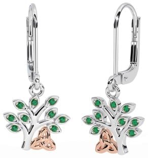 Emerald Rose Gold Silver Celtic Tree of Life Trinity Knot Dangle Earrings