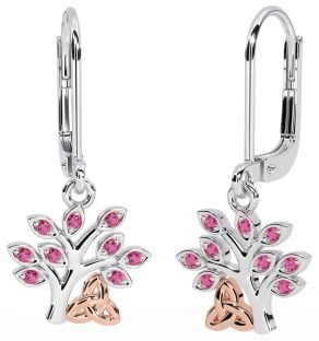 Pink Tourmaline Rose Gold Silver Celtic Tree of Life Trinity Knot Dangle Earrings