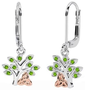 Peridot Rose Gold Silver Celtic Tree of Life Trinity Knot Dangle Earrings