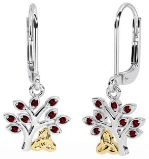 Garnet Gold Silver Celtic Tree of Life Trinity Knot Dangle Earrings