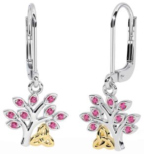 Rose Tourmalines Or Argent celtique Arbre de Vie Trinité Noeud Pendre Des boucles d'oreilles