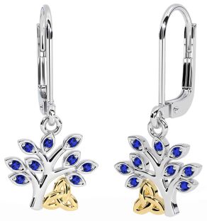 Sapphire Gold Silver Celtic Tree of Life Trinity Knot Dangle Earrings