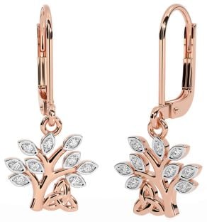 Diamond Rose Gold Silver Celtic Tree of Life Trinity Knot Dangle Earrings