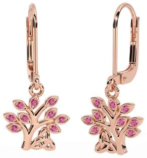 Pink Tourmaline Rose Gold Silver Celtic Tree of Life Trinity Knot Dangle Earrings