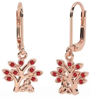 Ruby Rose Gold Silver Celtic Tree of Life Trinity Knot Dangle Earrings