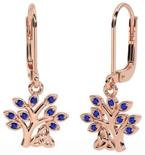 Sapphire Rose Gold Silver Celtic Tree of Life Trinity Knot Dangle Earrings