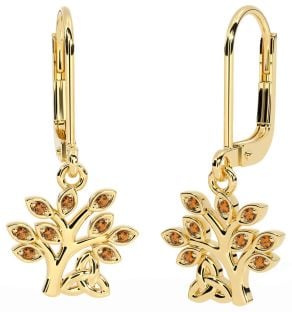 Citrine Gold Silver Celtic Tree of Life Trinity Knot Dangle Earrings